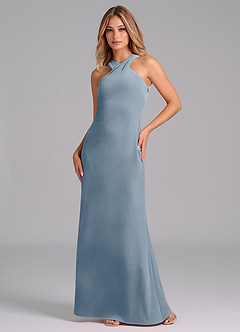 Azazie Doretta Vestidos de damas de honor Vestido de Azul Polvoriento de terciopelo de Corte Sirena con Plisado image1