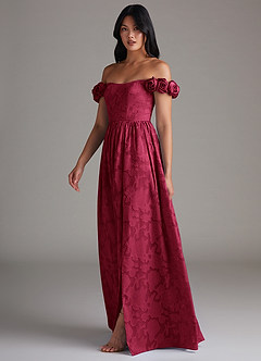 Azazie Autumn Bridesmaid Dresses Burgundy A-Line Off the Shoulder Floral Burnout Convertible Dress image2