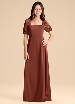 Azazie Briar Junior Vestido de Castaño de Satén Elástico de Corte en A con Lazo image3
