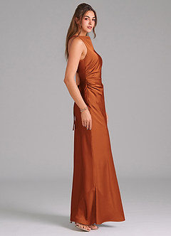 Azazie Evadne Bridesmaid Dresses Cinnamon Sheath Pleated Stretch Satin Dress image4