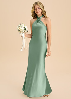 Azazie Chickie Junior 쉬스 주름진 스트레치 새틴 플로어 길이 주니어 신부 들러리 드레스 image4