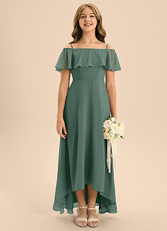 Azazie Maggie Junior Sea Moss A-Line Off the Shoulder Chiffon Dress image5