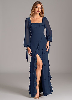 Azazie Candice 신부 들러리 드레스 A라인 긴팔 쉬폰 바닥 길이 드레스 image4