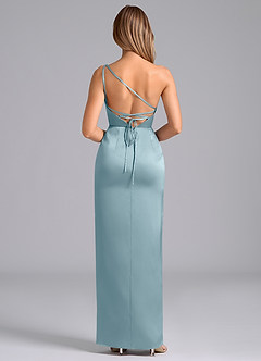 Azazie Naria Bridesmaid Dresses Moody Blue Sheath One Shoulder Stretch Satin Dress image6