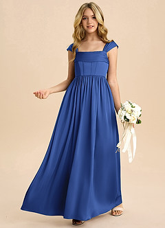 Azazie Hattie Junior Royal Blue A-Line Pleated Stretch Satin Dress image4