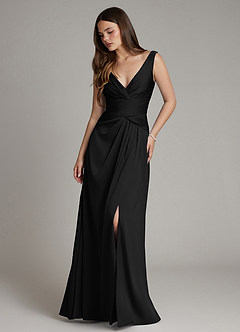 Azazie Pauline Bridesmaid Dresses Black A-Line Pleated Stretch Satin Dress image1