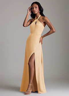 Azazie Tracie Bridesmaid Dresses Gold A-Line Side Slit Stretch Satin Dress image4