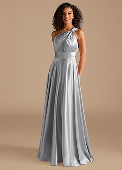 Azazie Charlize Bridesmaid Dresses Silver A-Line One Shoulder Metallic Satin Dress image1