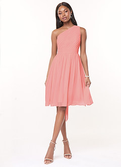 Azazie Katrina Bridesmaid Dresses Coral A-Line One Shoulder Chiffon Dress image1
