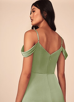 Azazie Ocean Bridesmaid Dresses Dusty Sage A-Line V-Neck Pleated Stretch Satin Dress image5
