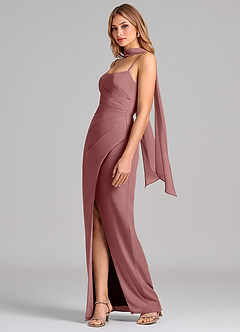 Azazie Calandra Robes de demoiselle d'honneur Robe Fourreau en Mousseline de soie Plissée Rose Du Désert image4