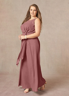 Azazie Marchioness vestidos de madre de la novia Vestido de Rosa Del Desierto de Gasa de Corte En A con Cuello redondo plisado image9