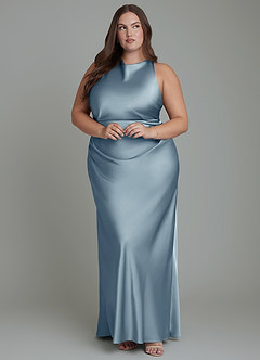 Azazie Evadne Bridesmaid Dresses Dusty Blue Sheath Pleated Stretch Satin Dress image10