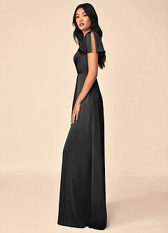 Azazie Soren Robes de demoiselle d'honneur Robe Trapèze en Satin extensible Plissée Noir image3