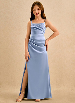 Azazie Cannoli Girls Formal Robe Demoiselle D'honneur Fillette Robe Trapèze en Mat Satiné Plissée Eis image3