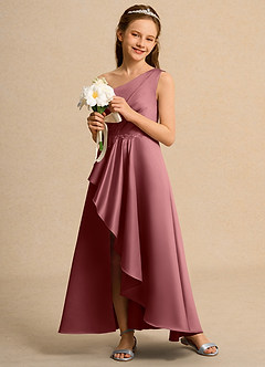 Azazie Taffy Junior Formal Jurken voor bloemenmeisjes A-Lijn Jurk van Mat Satijn Kant Amethist image4