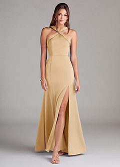 Azazie Rue Brautjungfernkleider A-Linie Plissee Stretch-Satin Kleid Gold image3