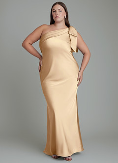 Azazie Yuanna Jurken voor bruidsmeisjes Jurk van Stretch Satijn met Zeemeermin One-shoulder Champagne image1