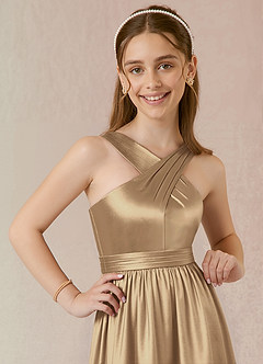 Azazie Jiya Junior Robe Trapèze en Satiné métallisé Plissée Champagne image3