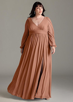 Azazie Norah Bridesmaid Dresses Bronzer A-Line V-Neck Long Sleeve Chiffon Dress image6