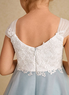 Azazie Momo Blumenmädchenkleider A-Linie Spitze Kleid Elfenbein Seeglas Blau image7