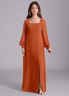 Azazie Bondi Junior Burnt Orange A-Line Blouson Chiffon Dress image7