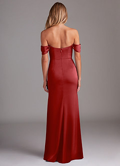 Azazie Saige Bridesmaid Dresses Pomegranate Sheath Off the Shoulder Stretch Satin Dress image10