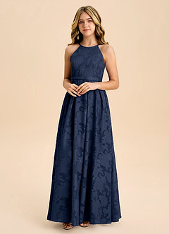 Azazie Arianthe Junior Dark Navy A-Line Pleated Floral Burnout Dress image4