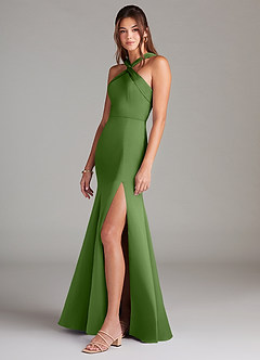 Azazie Rue Vestidos de damas de honor Vestido de Albahaca de Satén Elástico de Corte Sirena con Plisado image5