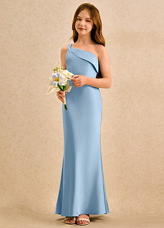 Azazie Almond Girls Formal Jurken voor bloemenmeisjes Kokerjurk Jurk van Stretch Satijn One-shoulder Poederblauw image3