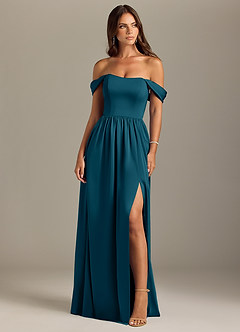 Azazie Calianna Bridesmaid Dresses Ink Blue A-Line Off the Shoulder Stretch Satin Convertible Dress image1