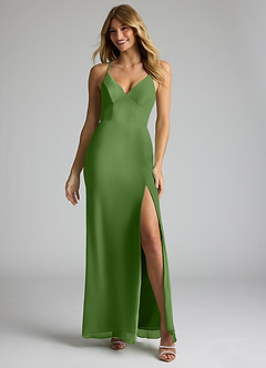 Azazie Becca Robes de demoiselle d'honneur Robe Fourreau en Mousseline de soie Col en V Basilic image3