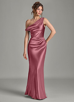 Azazie Emerson Bridesmaid Dresses Desert Rose Mermaid Off the Shoulder Metallic Satin Dress image4