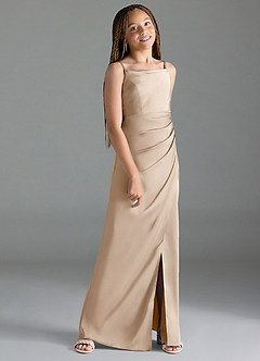 Azazie Leonis Junior Taupe A-Line Pleated Stretch Satin Dress image3