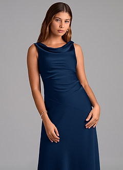Azazie Nerine Bridesmaid Dresses Dark Navy A-Line Pleated Stretch Satin Dress image6