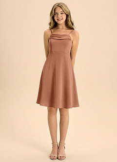 Azazie Anselie Junior Vestido de Bronceador de Satén Elástico de Corte en A con Plisado image5