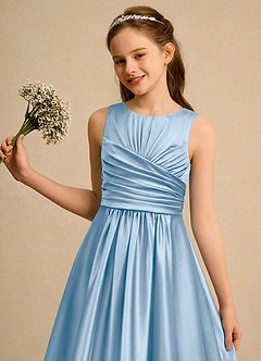 Azazie Ducky Girls Formal Flower Girl Dresses Powder Blue A-Line Pleated Stretch Satin Dress image6