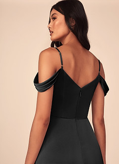 Azazie Ocean Vestidos de damas de honor Vestido de Negro de Satén Elástico de Corte en A con Cuello en V Plisado image5