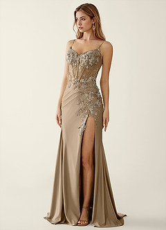 Manuelly Coffee Satin/Lace 3D Flower Prom Dress image3