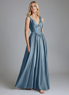 Azazie Delmie Bridesmaid Dresses Dusty Blue A-Line Corset Stretch Satin Dress image5