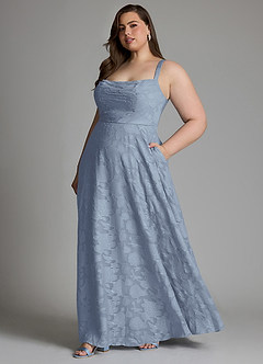 Azazie Shaude Bridesmaid Dresses Dusty Blue A-Line Pleated Floral Burnout Dress image14