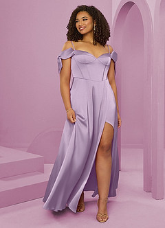 Barbie ♥ Azazie Robes de demoiselle d'honneur Robe Trapèze en Satin extensible Épaule décolletée Frostiges Flieder image3