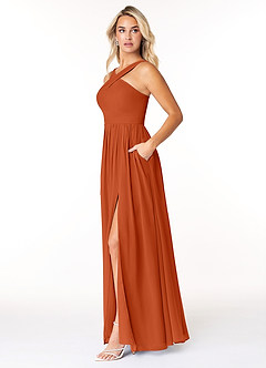 Azazie Elvira Robes de demoiselle d'honneur Robe Trapèze en Mousseline de soie Plissée Orange Brûlée image3
