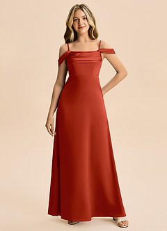 Azazie Lettie Junior Rust A-Line Off the Shoulder Stretch Satin Dress image4