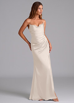 Azazie Claudelle Vestidos de damas de honor Vestido Alabastro Blanco de Satén Elástico de Corte Sirena con Palabra de honor image4