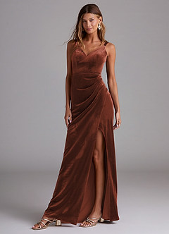 Azazie Leo Bridesmaid Dresses Terracotta Sheath Pleated Velvet Dress image1