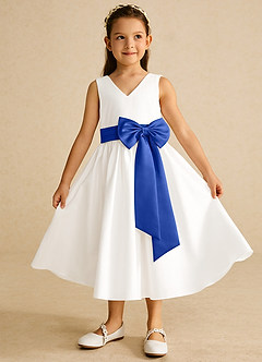 Azazie Darling Flower Girl Dresses Ivory Royal Blue A-Line Bow Cotton Dress image2