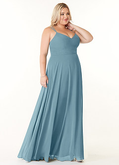 Azazie Janine Brautjungfernkleider A-Linie V-Hals Chiffon Kleid Stimmungsvolles Blau image8