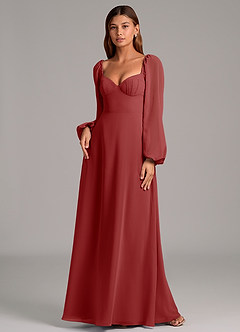 Azazie Annistyn Bridesmaid Dresses Rust A-Line Long Sleeve Chiffon Dress image4