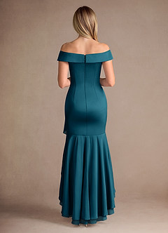 Azazie Billings Mother of the Bride Dresses Ink Blue Mermaid Off the Shoulder Stretch Satin Dress image4